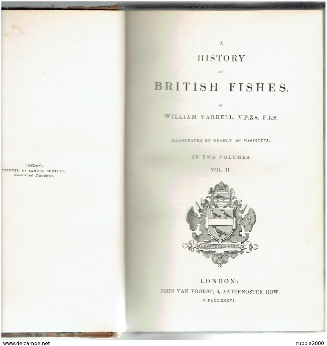 A HISTORY OF BRITISH FISHES 1836 BY WILLIAM YARRELL 400 WOODCUTS EX LIBRIS OF HERBERT CHARLES MARSH - 1800-1849