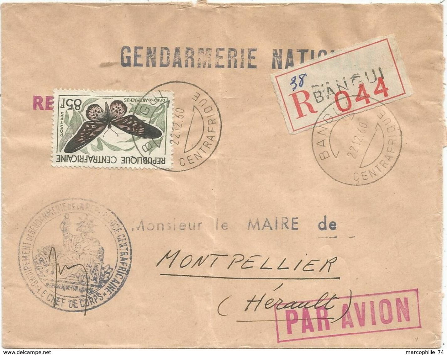 CENTRAFRIQUE 85FR PAPILLON BUTTERFLY LETTRE COVER REC BANGUI 22.12.1960 + GENDARMERIE - Centraal-Afrikaanse Republiek