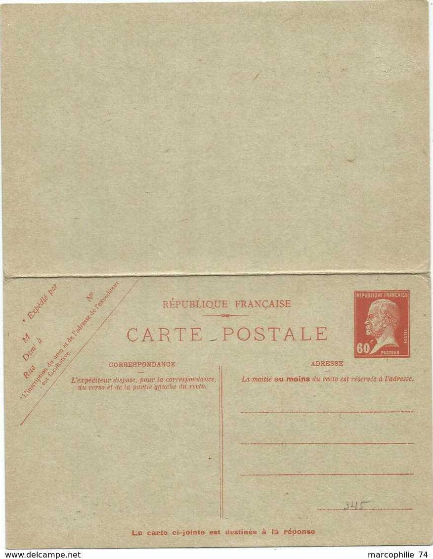 ENTIER  60C PASTEUR CARTE AVEC REPONSE  NEUF SUPERBE - Postales Tipos Y (antes De 1995)