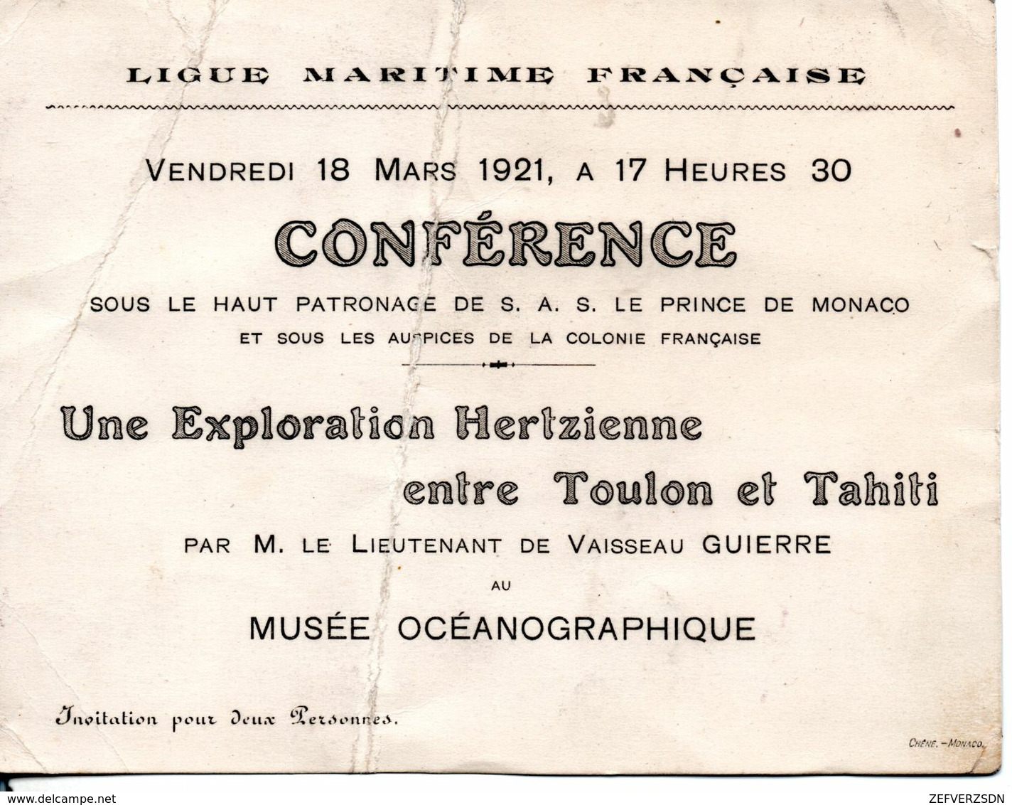 MONACO INVITATION TAHITI TOULON LIGUE MARITIME FRANCAISE INVITATION MUSEE OCEANOGRAPHIQUE - Eintrittskarten