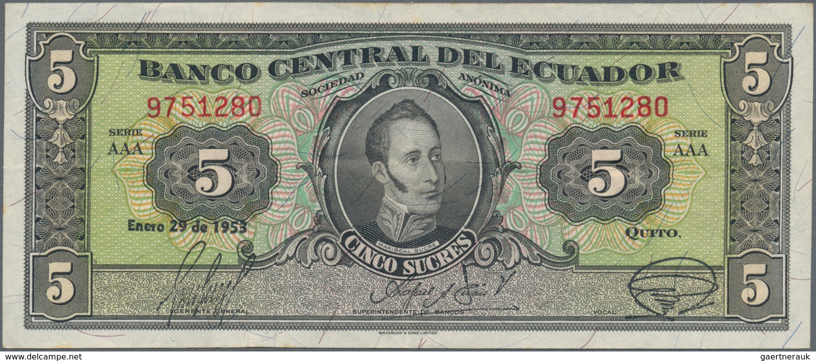 Ecuador: El Banco Central Del Ecuador 5 Sucres 1938 P.84d (VF), 5 Sucres 1945 P.91b (VF+) And Banco - Ecuador