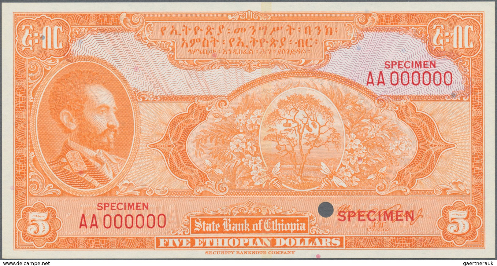 Ethiopia / Äthiopien: State Bank Of Ethiopia 5 Dollars ND(1945) Uniface Color Trial SPECIMEN Of Fron - Ethiopia