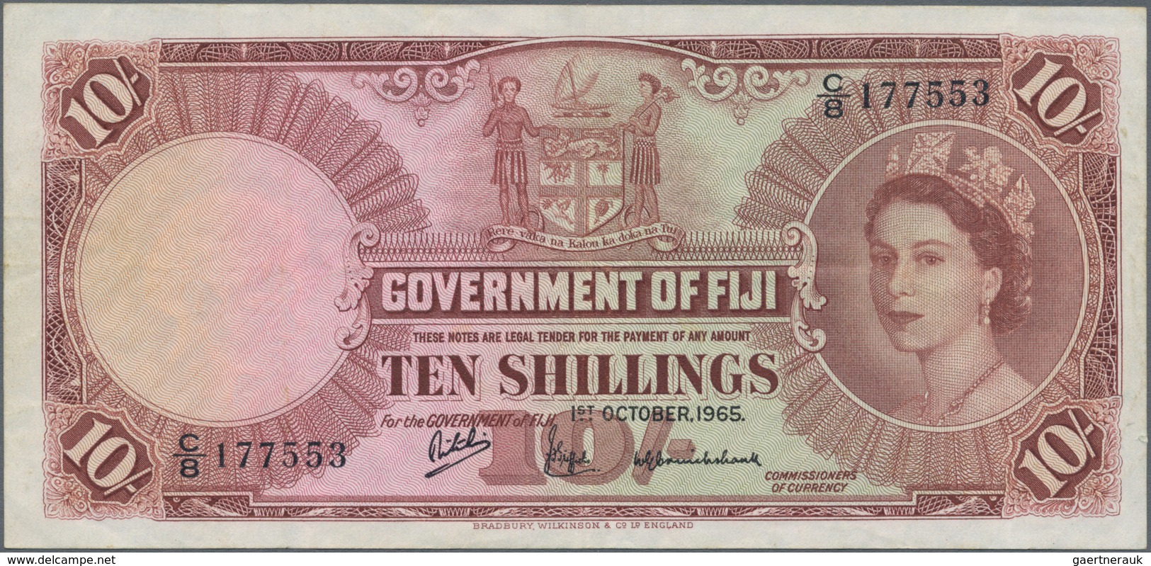 Fiji: 10 Shillings 1965, P.52e, Great Original Shape With Strong Paper, Just Some Folds And Creases - Fidschi