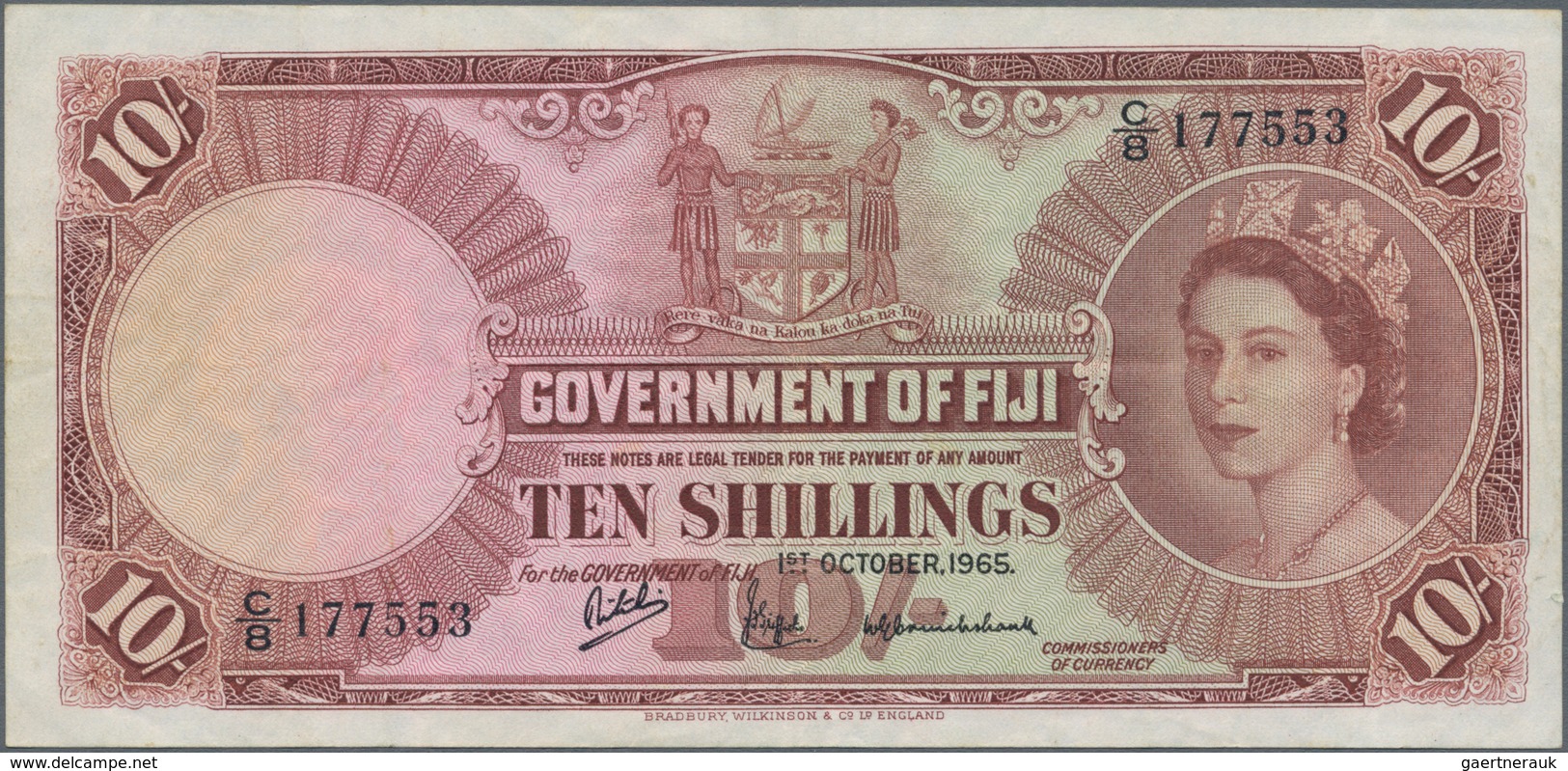 Fiji: 10 Shillings 1965, P.52e, Great Original Shape With Strong Paper, Just Some Folds And Creases - Fiji