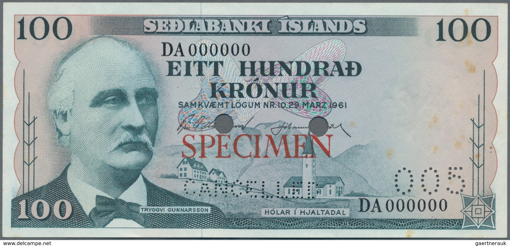 Iceland / Island: Lot 4 Specimen Banknotes: 25 Kronur 1957 Specimen P. 39s, 100 Kronur 1961 P44s, 50 - Islanda