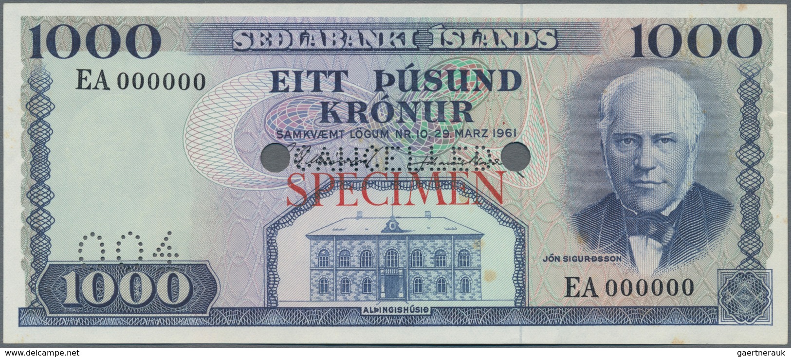 Iceland / Island: Lot 4 Specimen Banknotes: 25 Kronur 1957 Specimen P. 39s, 100 Kronur 1961 P44s, 50