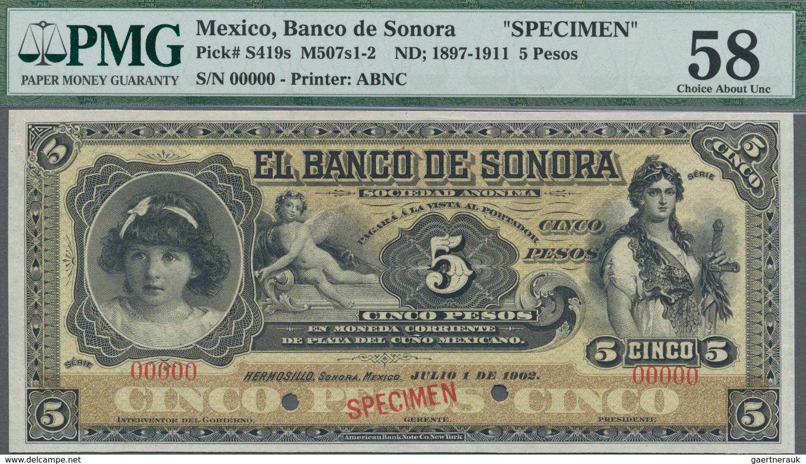 Mexico: Banco De Sonora 5 Pesos 1902 SPECIMEN, P.S419s With Punch Hole Cancellation, Red Overprint " - Mexico
