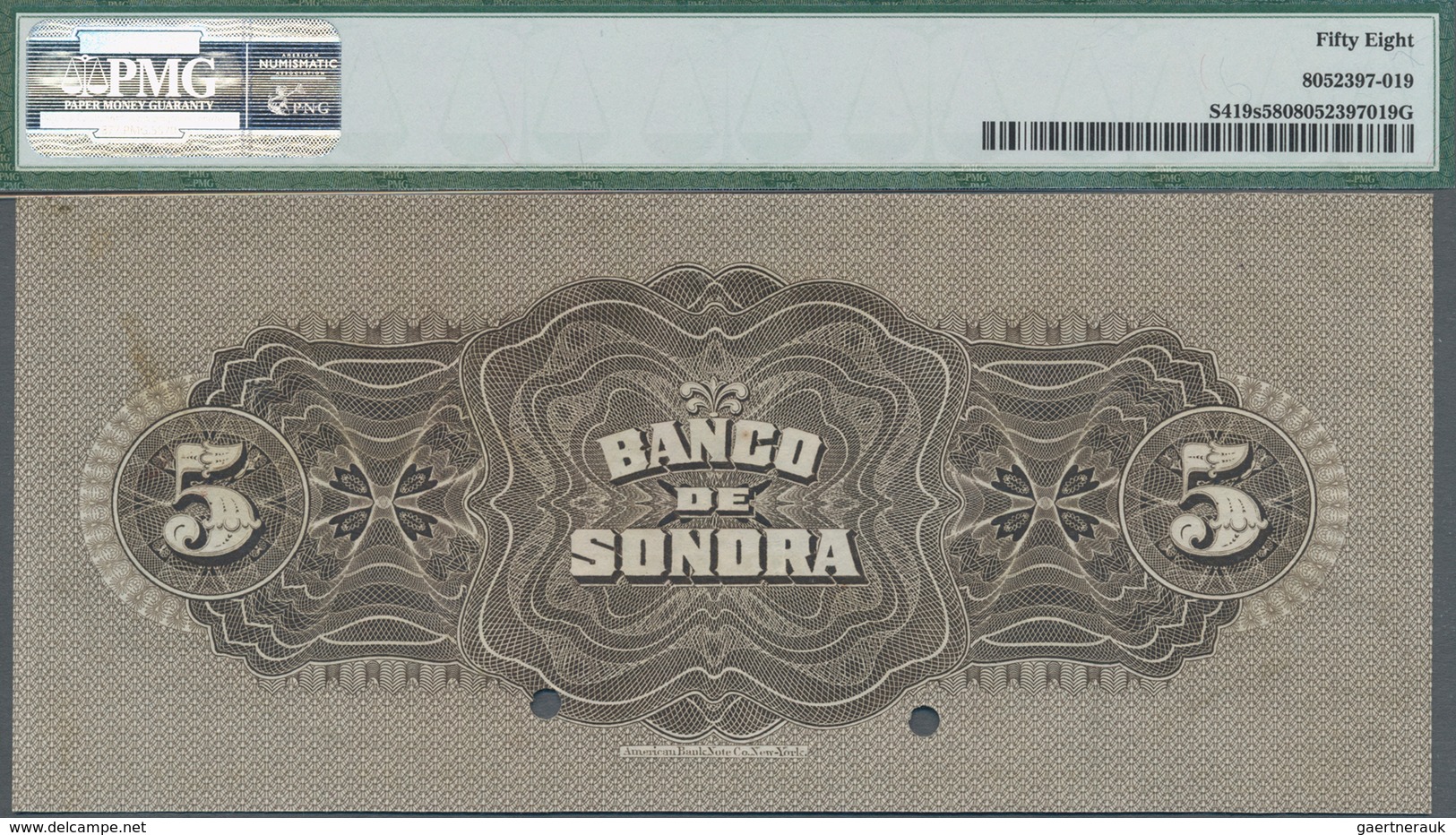 Mexico: Banco De Sonora 5 Pesos 1902 SPECIMEN, P.S419s With Punch Hole Cancellation, Red Overprint " - Mexico