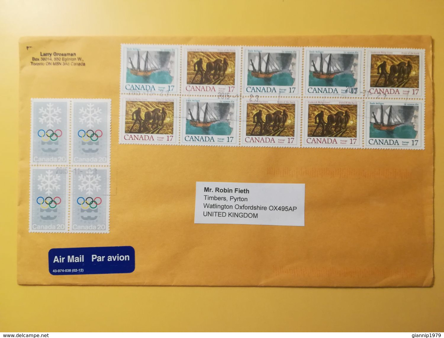 2015 BUSTA  AIR MAIL CANADA  BOLLO CANADIAN WRITERS GIOCHI PLIMPICI INVERNALI OLYMPIC GAMES ANNULLO OBLITERE' - Lettres & Documents