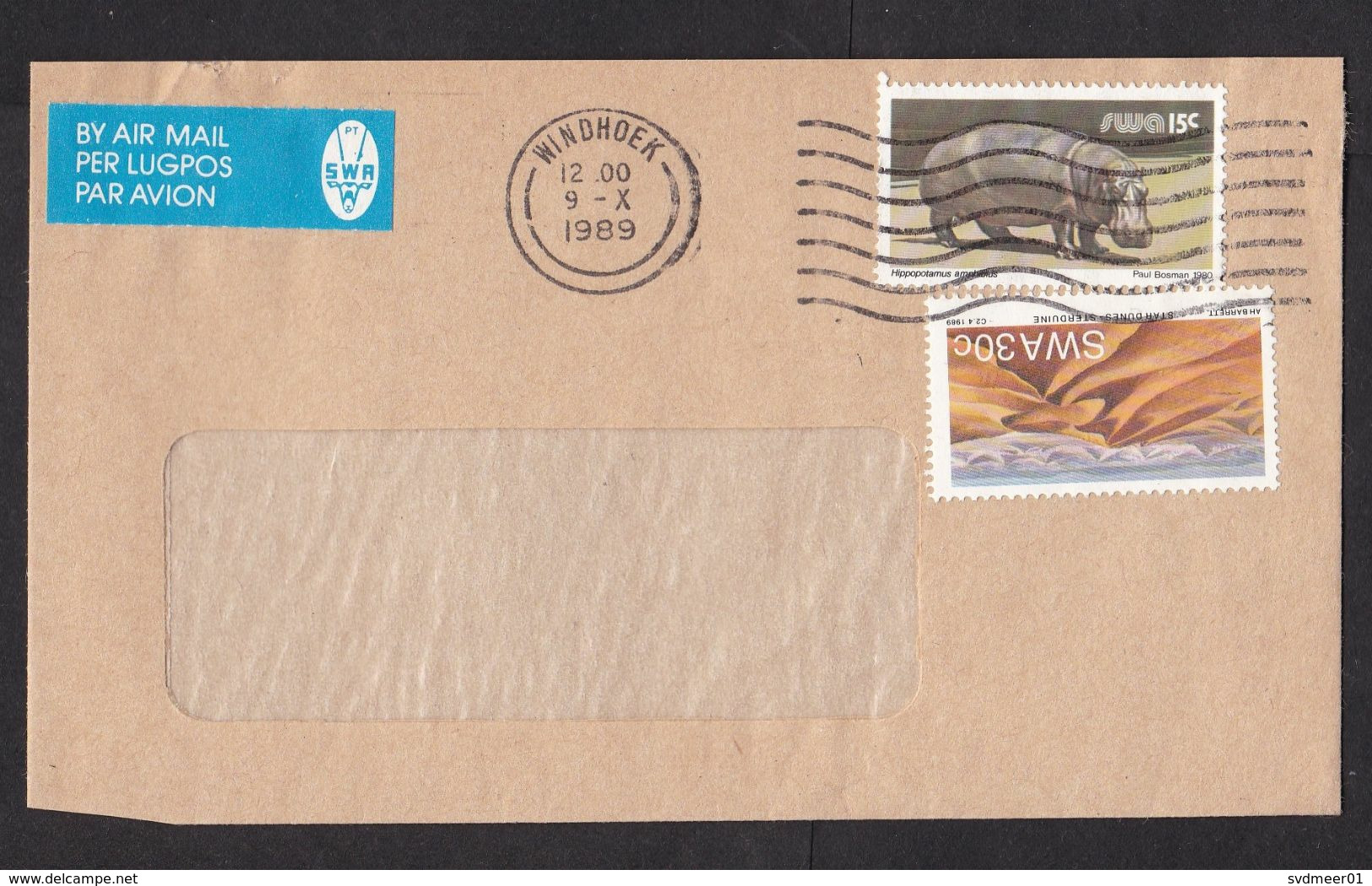 South West Africa SWA: Airmail Cover, 1989, 2 Stamps, Hippo Animal, Sand Dunes, Dessert, Air Label (minor Damage) - South West Africa (1923-1990)