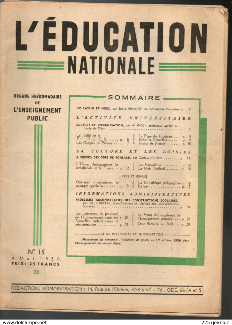 Lot 3 Revues De L'Education Nationale N: 13 - 15 & 22 De L'année 1950 - Non Classés