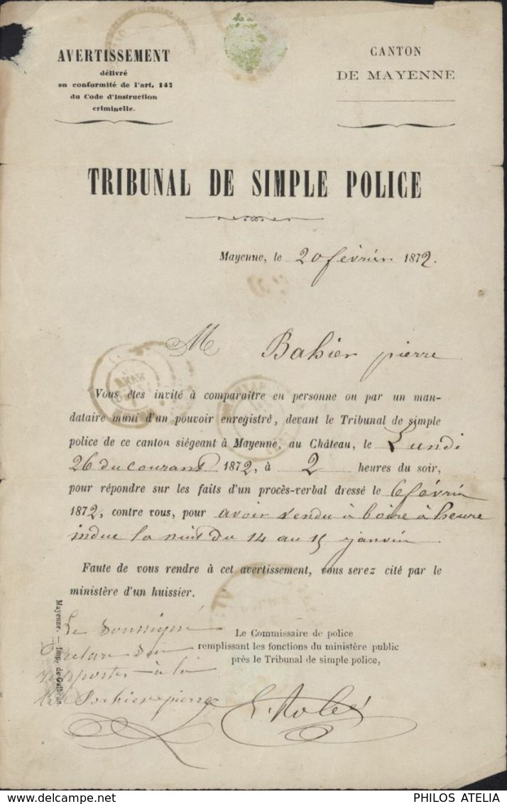 Taxe Carré Non Dentelé YT 5A Type II Noir 25ct Type I Convocation Locale Tribunal CAD Mayenne (51) 21 2 72 Mayenne 53 - 1859-1959 Oblitérés