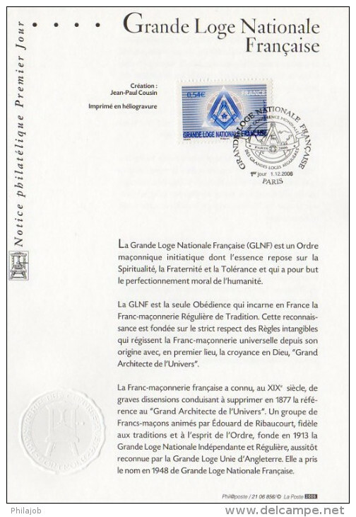 &#9989; " GRANDE LOGE NATIONALE FRANCAISE " Sur Notice Officielle 1er Jour De 2006. N° YT 3993. Parfait état - Vrijmetselarij