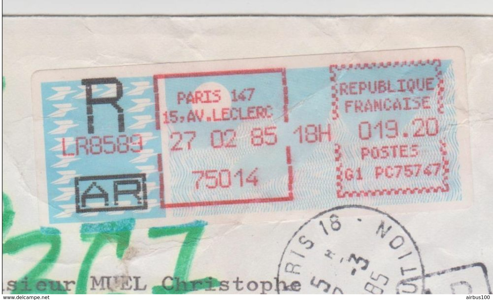 RECOMMANDÉ AR TIMBRE DE DISTRIBUTEUR PARIS 75747 CARRIER PARIS 147 AV. LECLERC 27 FÉVRIER 1985 UTILISÉ A TITRE D'ESSAI - 1985 Papier « Carrier »