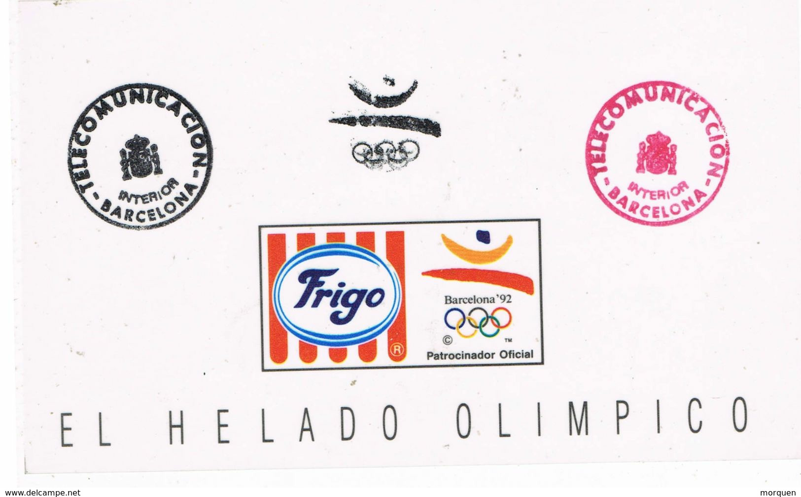 37620. Hojita Matasellada FRIGO, Helado Olimpico, Barcelona 1992, Patrocinador Oficial - Variedades & Curiosidades