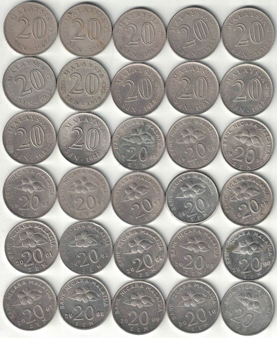 Malaysia Collection Of 30x 20 Sen Coins 1967-2011 All Listed & Different - Malasia