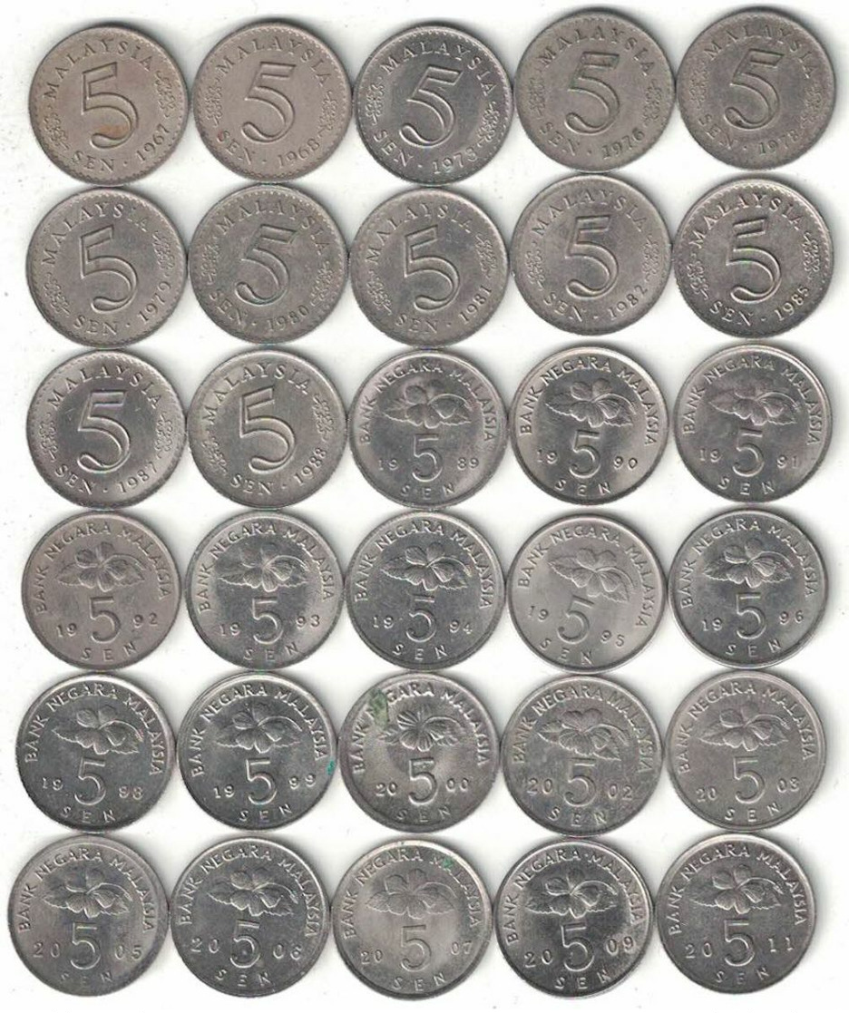 Malaysia Collection Of 30x 5 Sen Coins 1967-2011 All Listed & Different - Malesia