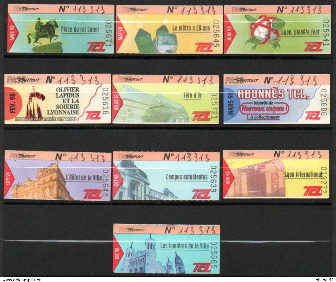 Transports En Commun Lyonnais. TCL. Lot De 10 Tickets "Pass Partout" Année 1998. - Sin Clasificación