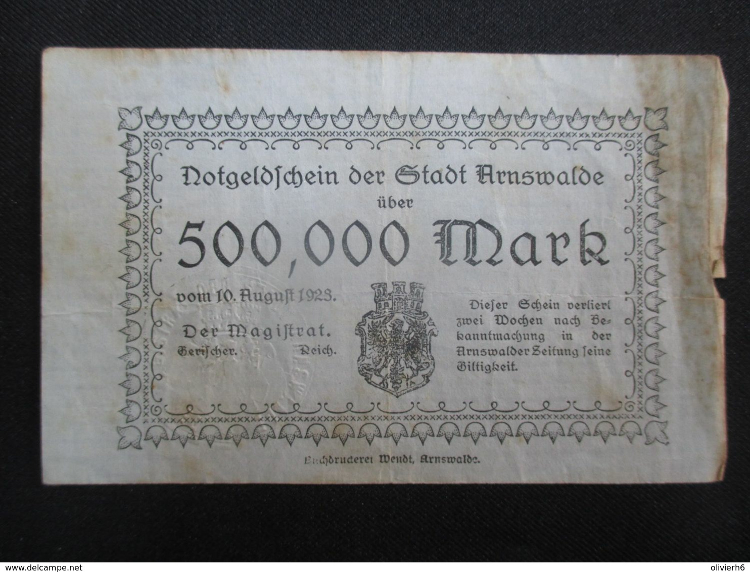 VP BON DE NéCESSITé / NOTGELD (V07) DEUTSCHLAND ( 2 Vues) ARNSWALDE - 500,000 Mark 10/08/1923 - Monétaires / De Nécessité