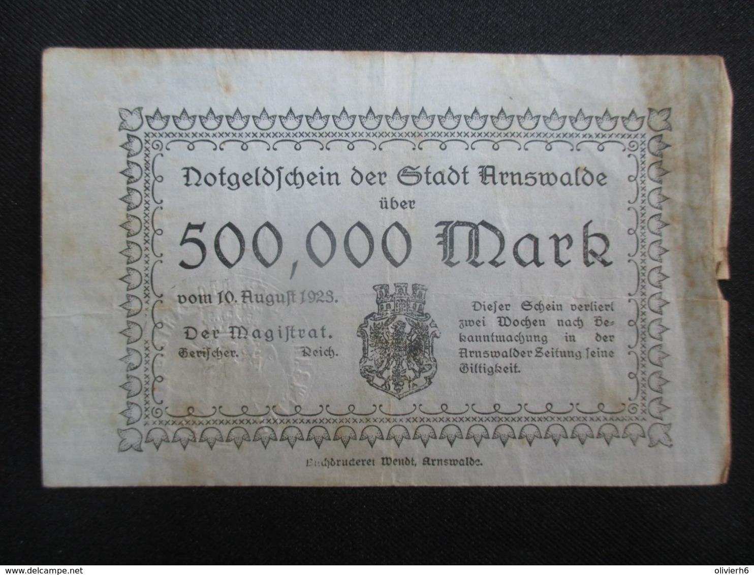 VP BON DE NéCESSITé / NOTGELD (V07) DEUTSCHLAND ( 2 Vues) ARNSWALDE - 500,000 Mark 10/08/1923 - Monetary /of Necessity