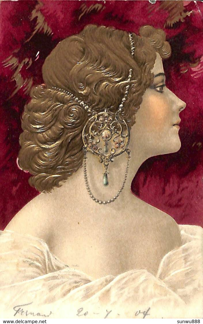 Femme Woman Portrait Dorée Gauffrée Art Nouveau Superbe 1904 - Women