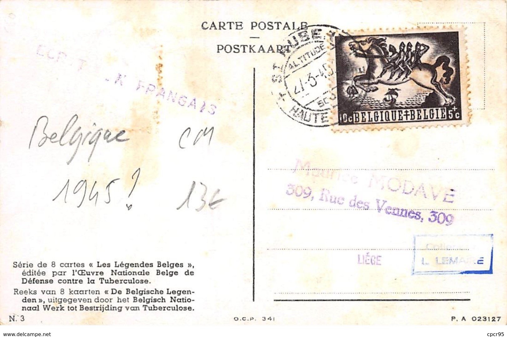 Belgique .CARTE MAXIMUM. N°207752. 1945. Cachet Hubert. La Legende De Saint Hubert. Van Sint Hubertus - 1934-1951