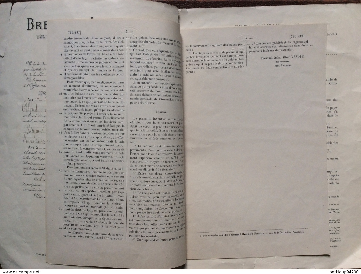 BREVET D’ INVENTION  Recipient Pour La Conservation Et Le Debit De Produits Alimentaires (Café Torréfié)  ANNEE 1934 - Machines