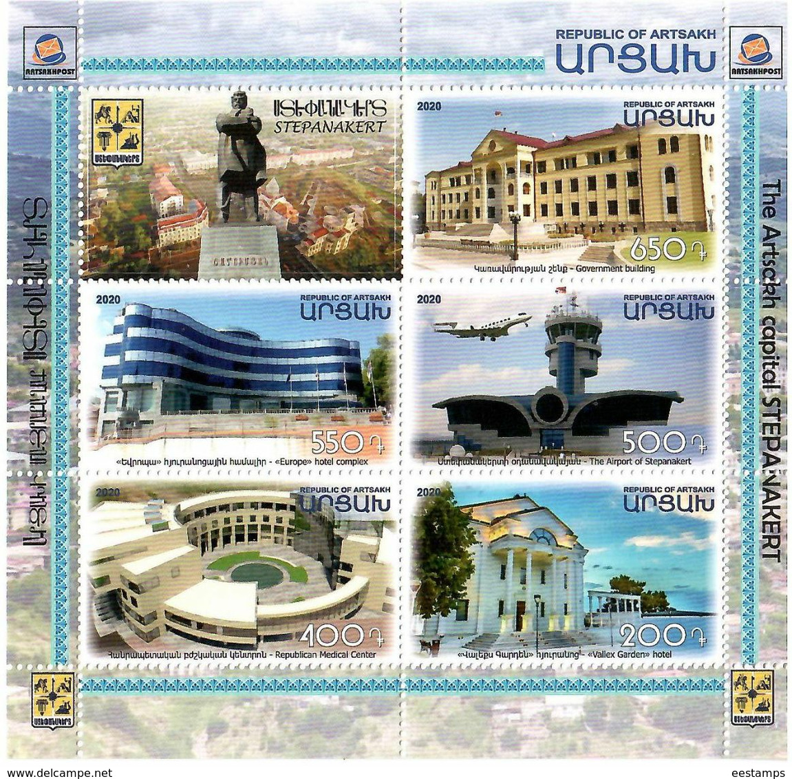 Armenia (Nagorno-Karabakh) 2020 . Stepanakert - Capital Of Nagorno-Karabakh (Architecture,Aircraft). M/S Of 5 + Label - Arménie