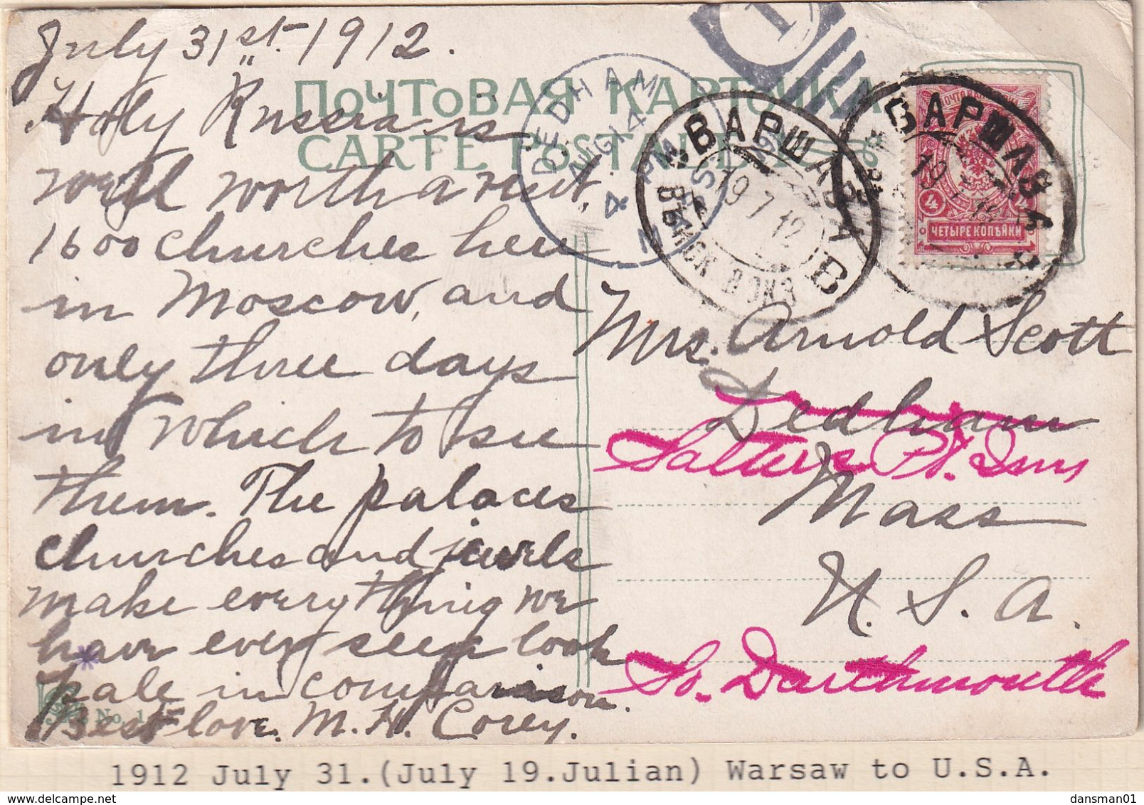 Poland Prephilatelic 1912 Postcard Warsaw To USA - ...-1860 Prephilately