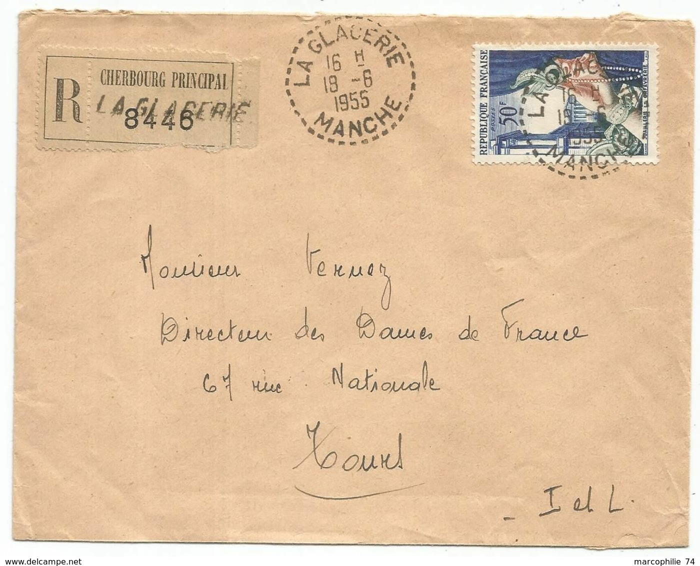 N°974 SEUL LETTRE REC C. PERLE LA GLAGERIE 18.6.1955 MANCHE - Handstempels