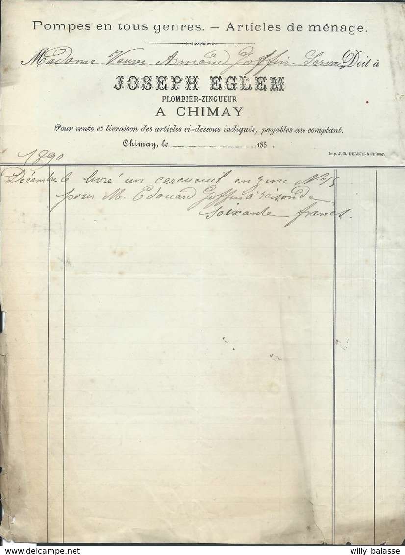 Facture J Eglem Articles De Ménage , Plombier à Chimay 1890 - 1800 – 1899