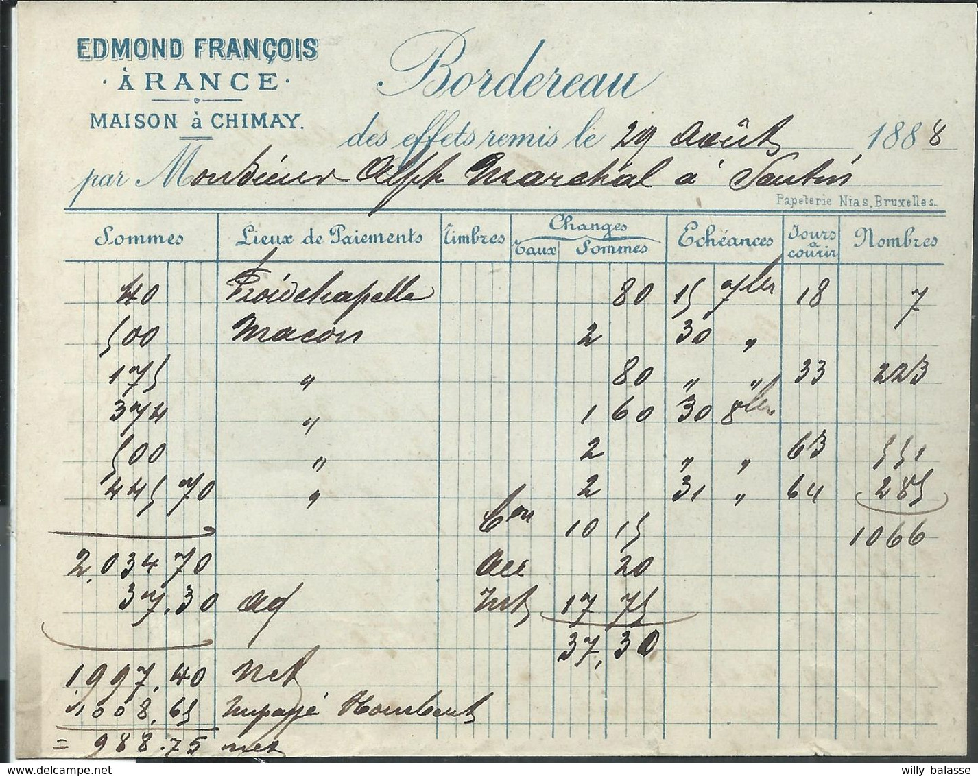 Facture Edmond François à Rance Et Maison à Chimay 1888 - 1800 – 1899