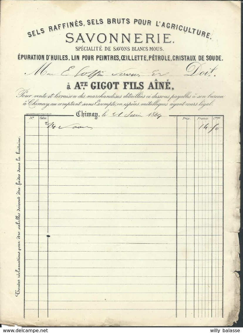 Facture Gigot Savonnerie à Chimay 1865 - 1800 – 1899