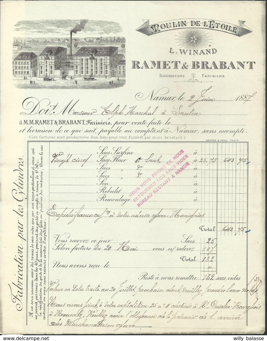 Facture Illustrée L Winand /Ramet Et Brabant  "Moulin De L'étoile" à Namur 1887 - 1800 – 1899