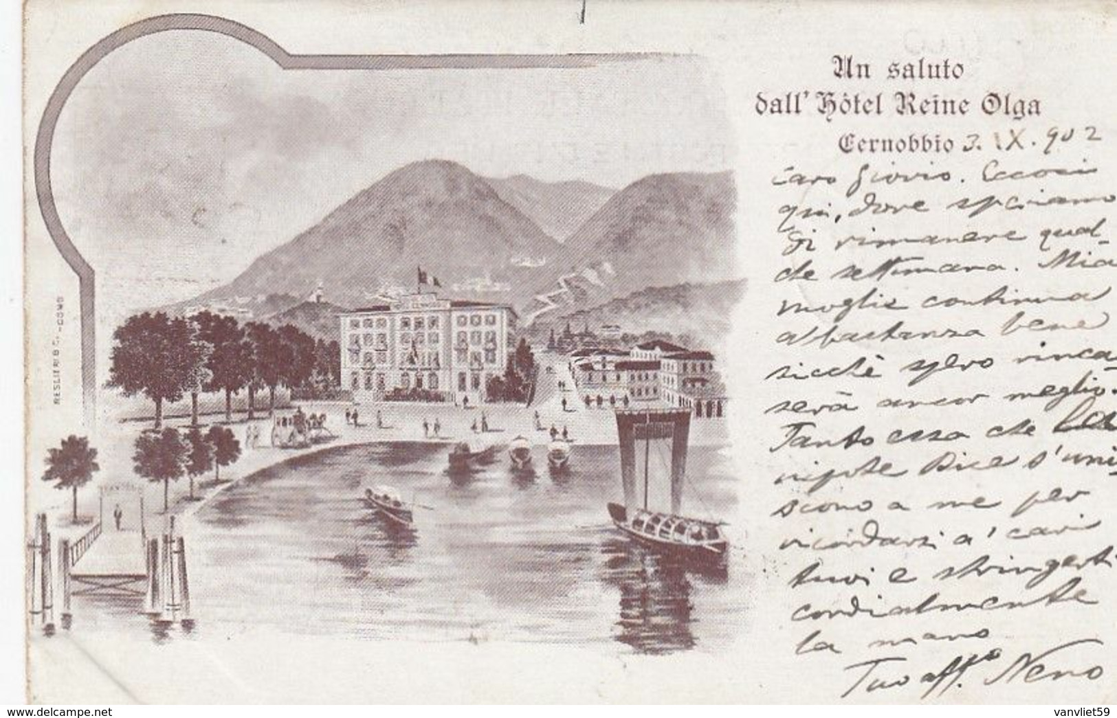 CERNOBBIO-COMO-UN SALUTO DALL'HOTEL=REINE OLGA=-CARTOLINA  VIAGGIATA IL 3-9-1902 - Como