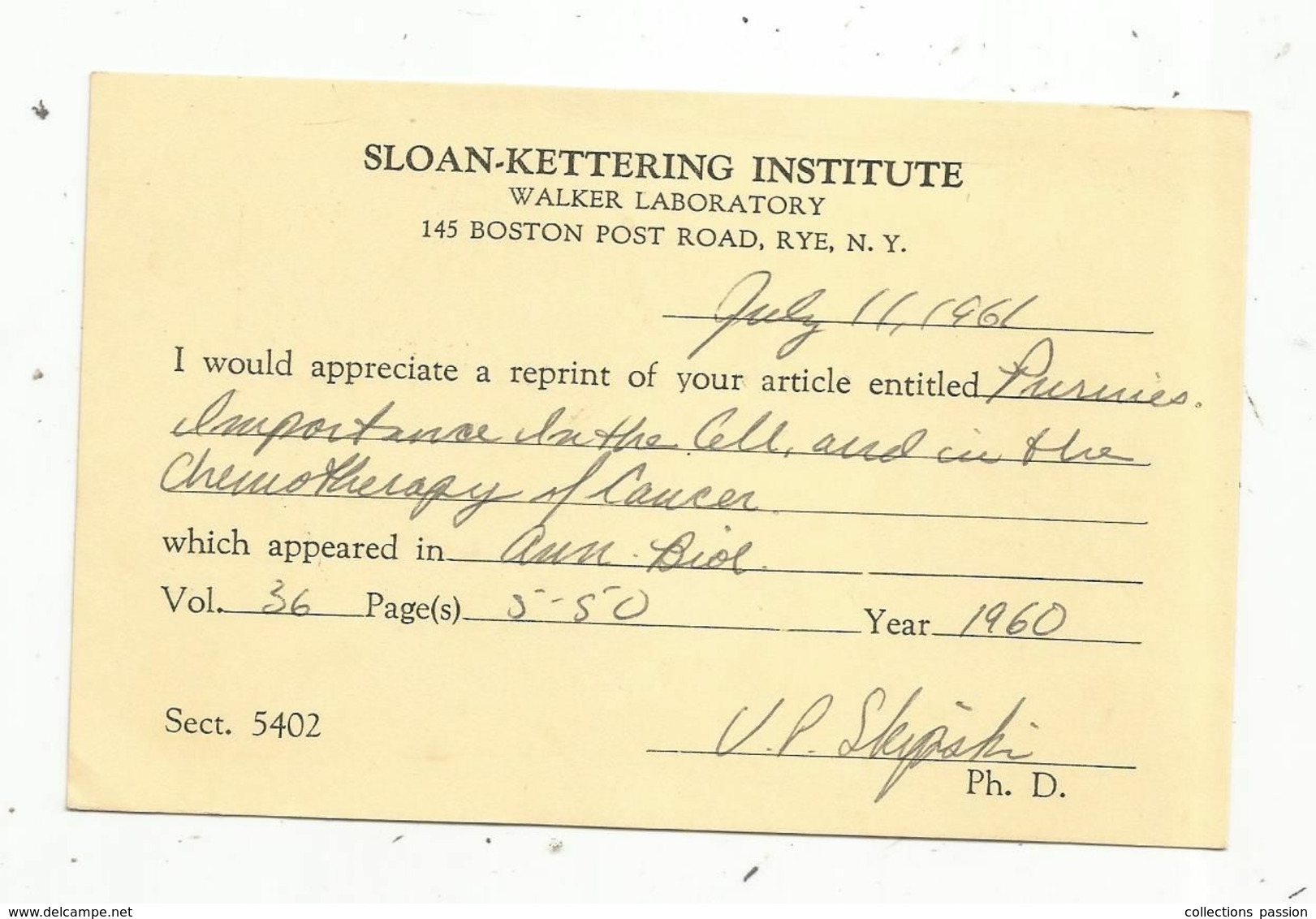 JC , Etats Unis , RYE , NEW YORK , 1961,  Sloan-Kettering Institute, Walker Laboratory - Poststempel