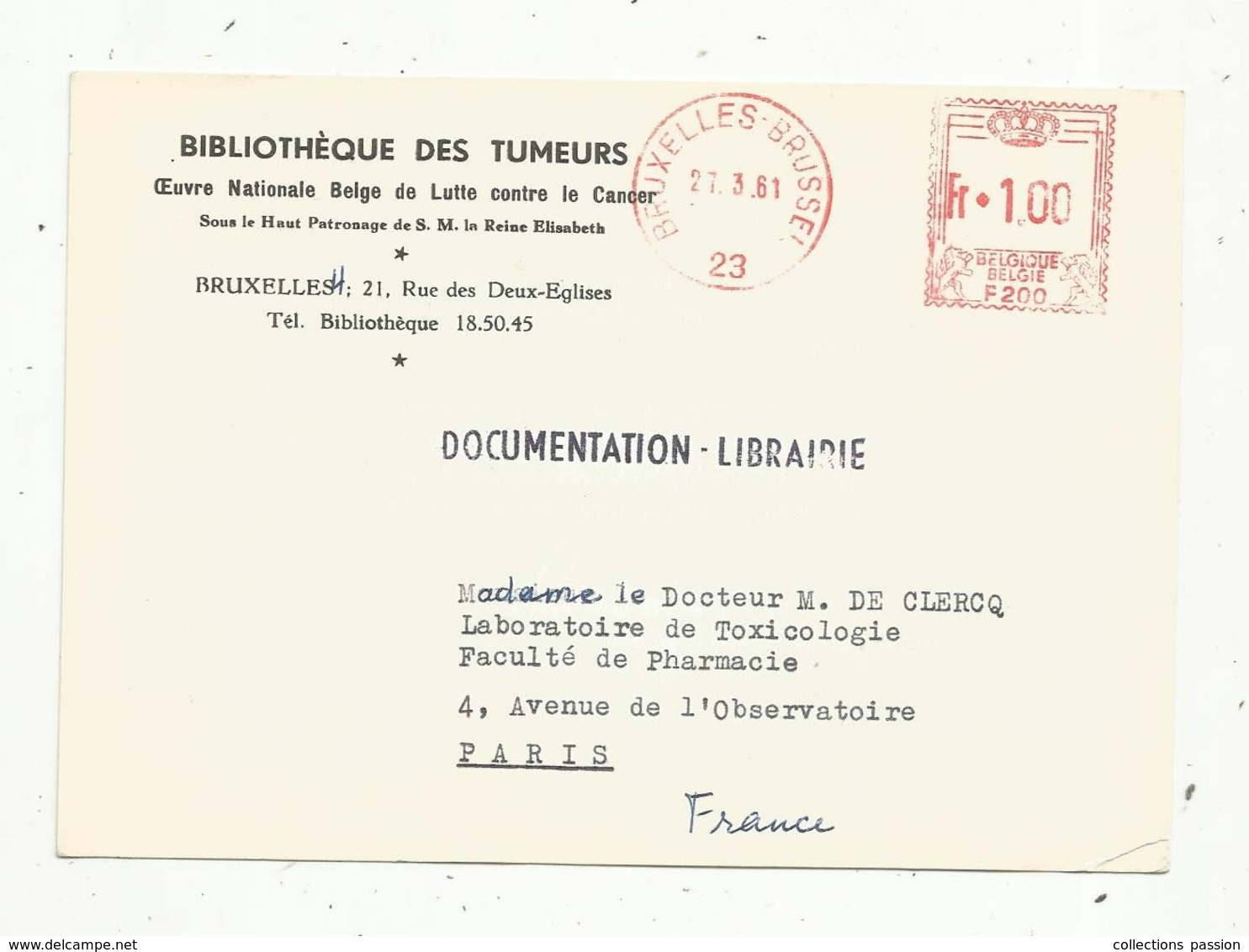 JC , EMA , BELGIQUE , Carte Postale , BRUXELLES-BRUSSEL , 23 ,1961 ,bibliothéque Des Tumeurs - Sonstige & Ohne Zuordnung