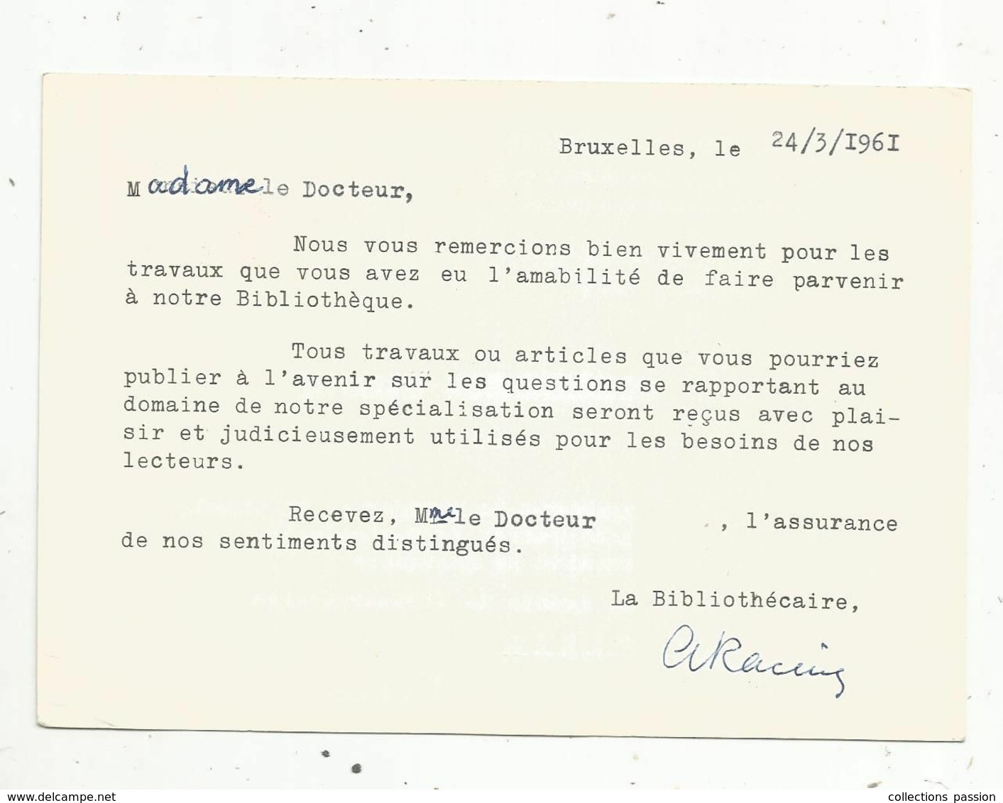 JC , EMA , BELGIQUE , Carte Postale , BRUXELLES-BRUSSEL , 23 ,1961 ,bibliothéque Des Tumeurs - Altri & Non Classificati