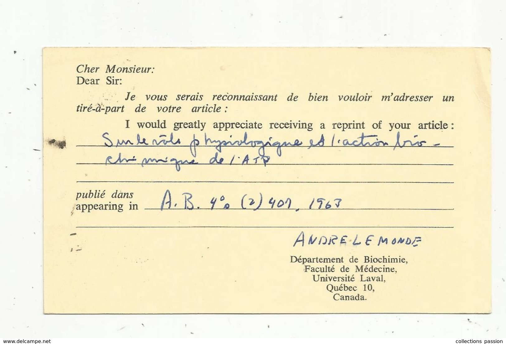 JC , EMA , CANADA , QUEBEC , P.Q , 1963 , Département De Biochimie , Faculté De Médecine , Université Laval - Otros & Sin Clasificación