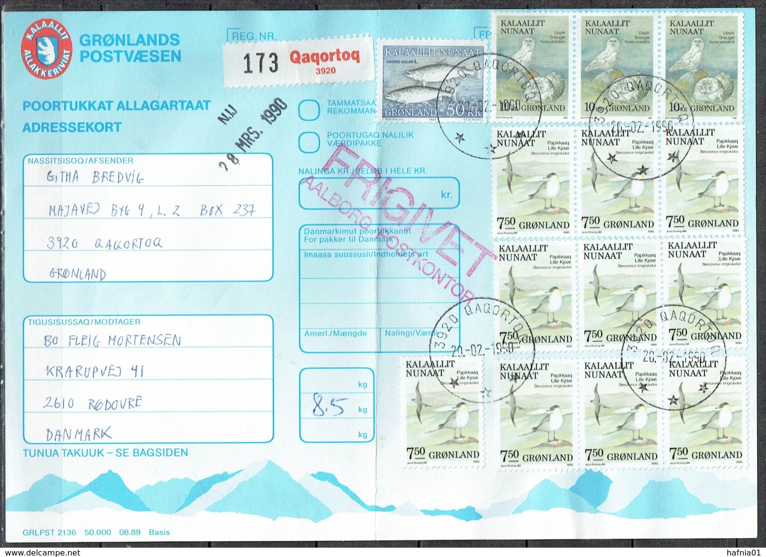 Czeslaw Slania. Greenland 1990. Parcel Card For Parcel Sent From Qaqortoq To Kastrup, Denmark. - Spoorwegzegels