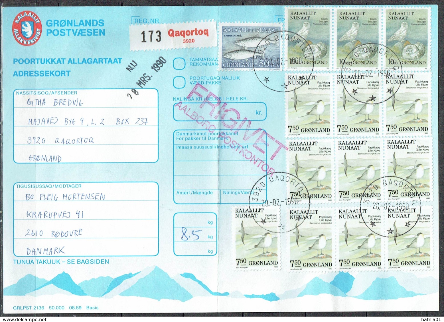 Czeslaw Slania. Greenland 1990. Parcel Card For Parcel Sent From Qaqortoq To Kastrup, Denmark. - Pacchi Postali