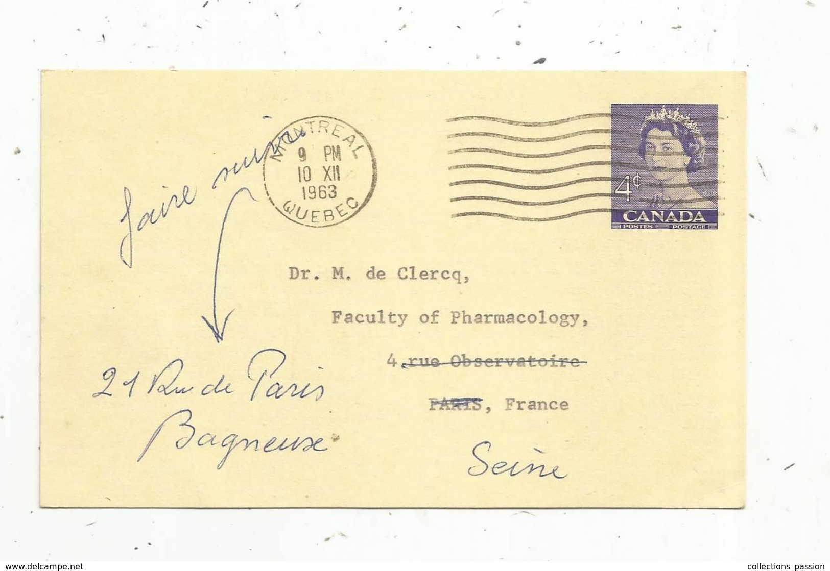 JC  , Entier Postal , QUEBEC ,MONTREAL , 1963 , Allan Memorial Institute - 1953-.... Reign Of Elizabeth II