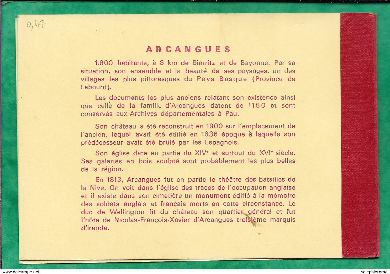 Pochette Vide De Cartes Postales Arcangues (64) 1150 Village Basque Avec Texte Au Verso 2scans - Non Classificati