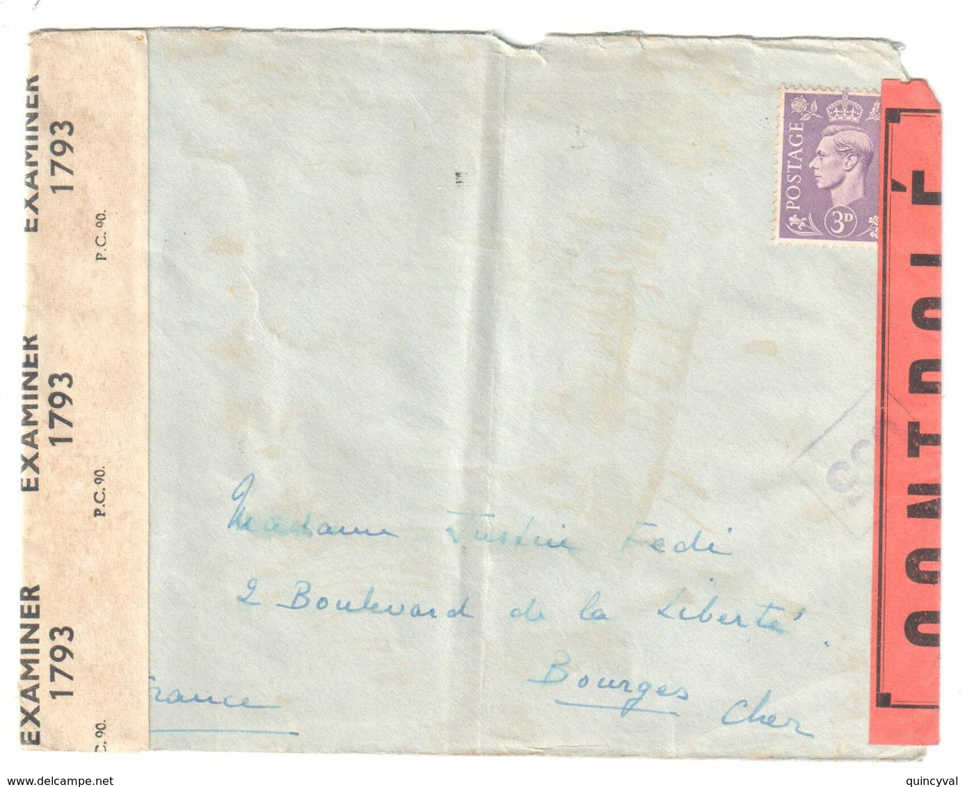 Dest BOURGES Cher Lettre Anglaise 3d CENSURES Anglaise Et Francaise Origine Parkstone - War Stamps