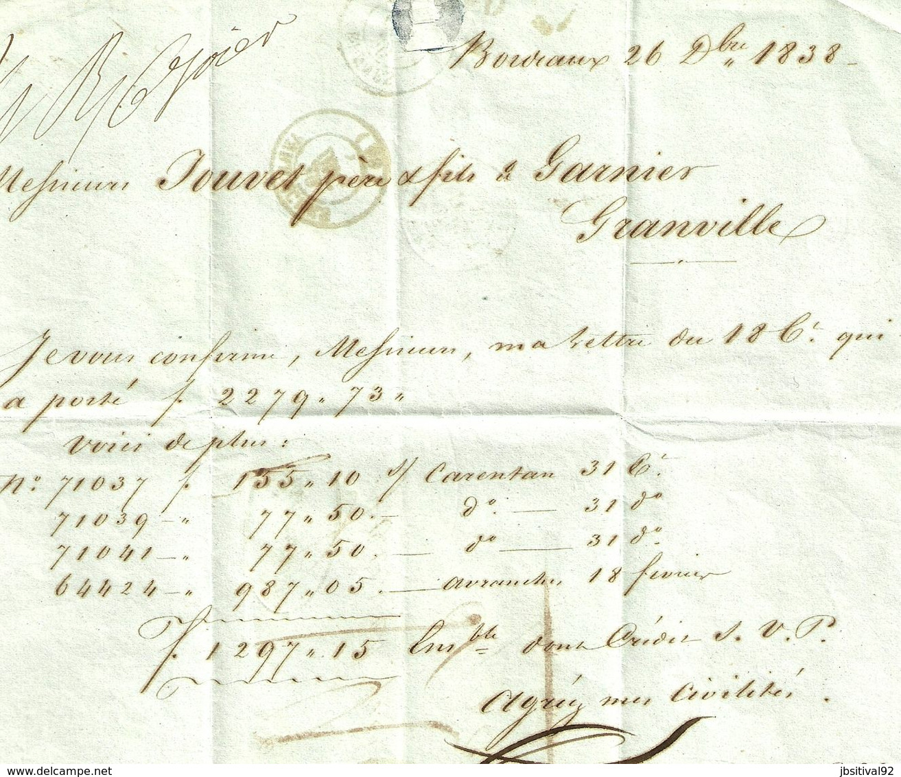 33  Facture De HUSSON Et Cie - BORDEAUX  En 1838 Comptoir De Recouvrements Et Commission De Banque Envoyée à GRANVILLE - Bordeaux