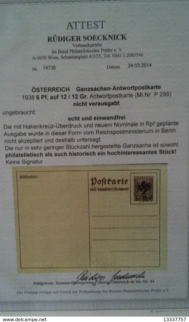 Nicht Im Umlauf  1938 6pf Auf 12/12 Groschen Antwortkarte ( MI P295 ) RR! Mit Attest !!! - Altri & Non Classificati