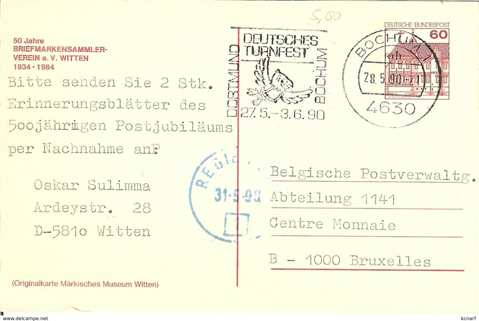 CP Gruss Aus Witten A. D. Ruhr. " 50 Jahre Briefmarkensammler-verein E. V. Witten " - Witten