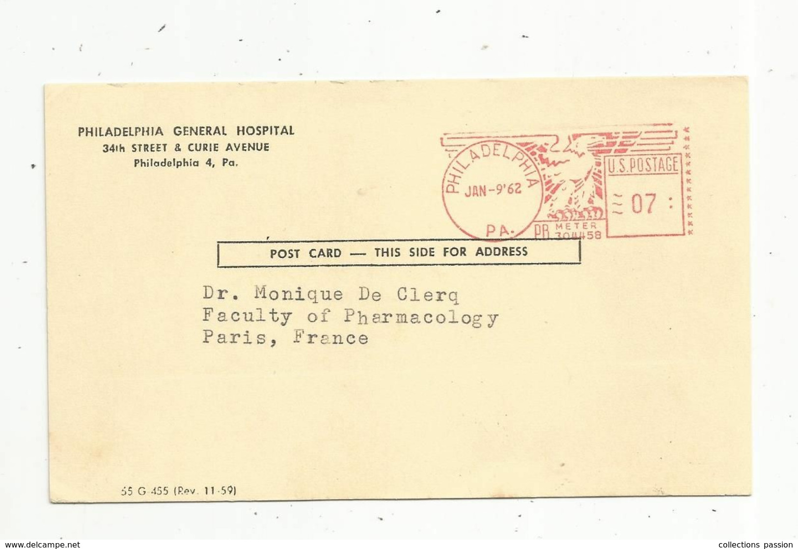 JC, Post Card , EMA ,  PHILADELPHIA , PA. , Philadelphia General Hospital , 1962 - Poststempel