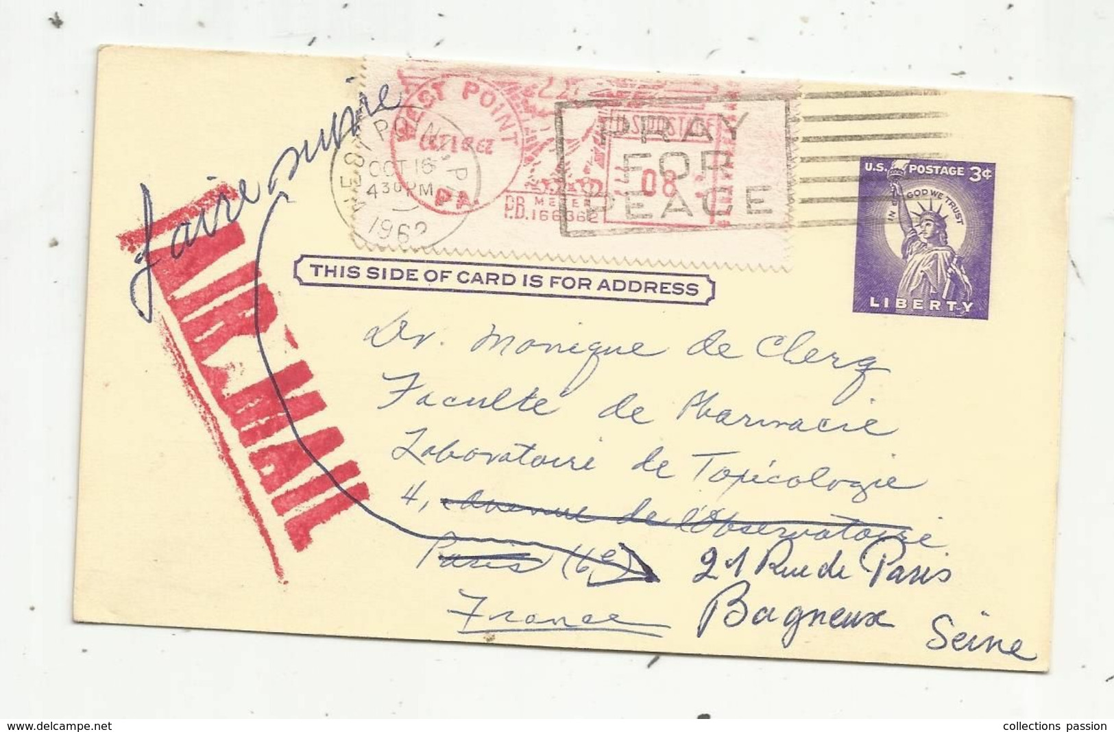 JC, Post Card , Entier Postal , Etats Unis , BAYONNE, N.J. ,  1962, EMA ,pray For Peace,Merck Sharp & Dohme, WEST POINT - 1961-80