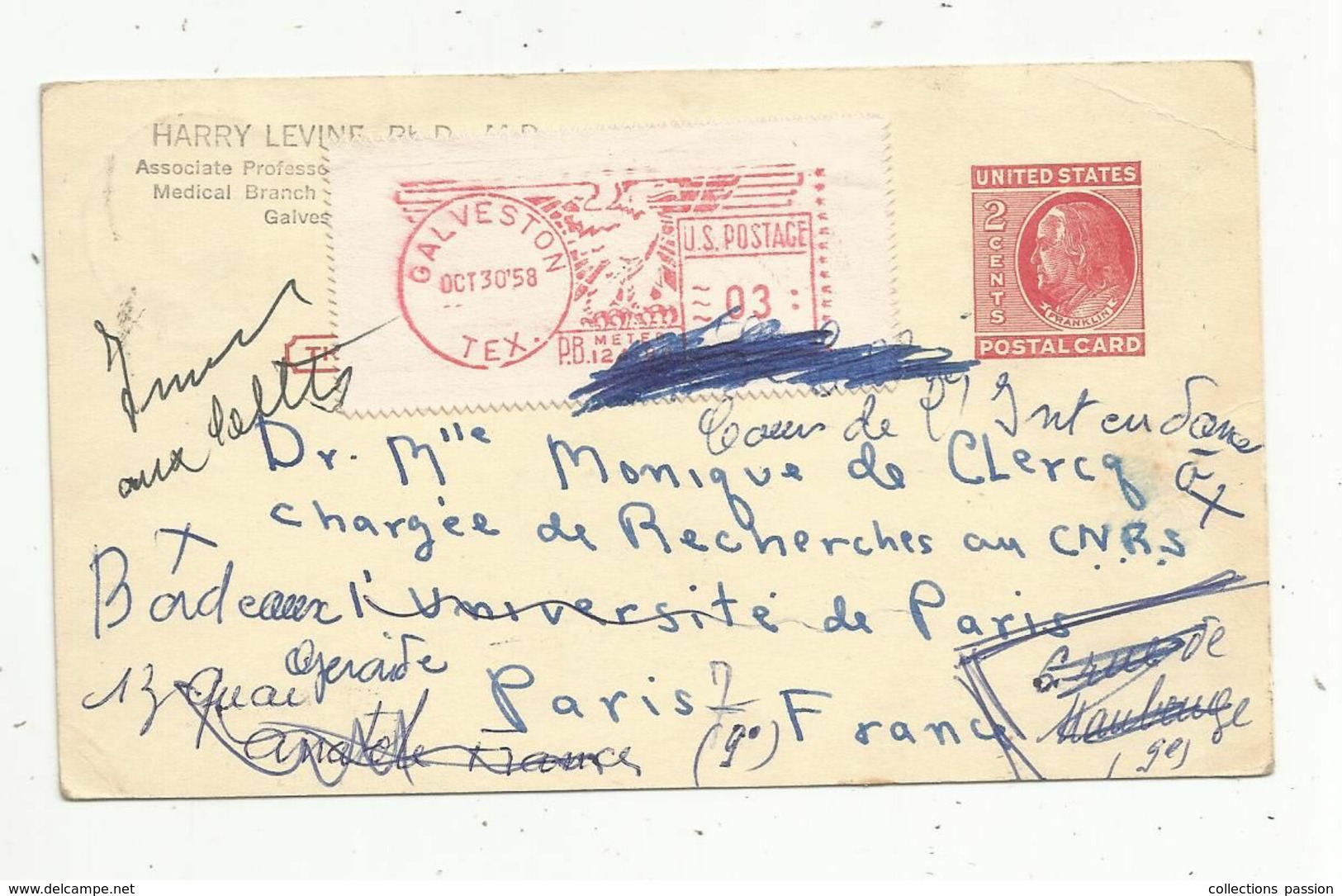 JC, Post Card , Entier Postal , Etats Unis , GALVESTON , TEXAS, EMA , 1958 , PARIS 15 E ,17 E, 9 E , Harry Levine - 1941-60